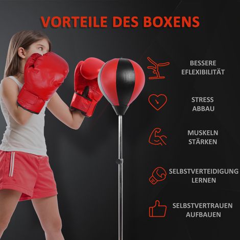 Boxtrainingsset: Boxball (höhenverstellbar 126-144 cm), Boxständer mit Gestell, Speedball, Boxhandschuhe, Pumpe, freistehender Boxsack, Speedball, Boxtrainer für Erwachsene und Jugendliche. (1/5)