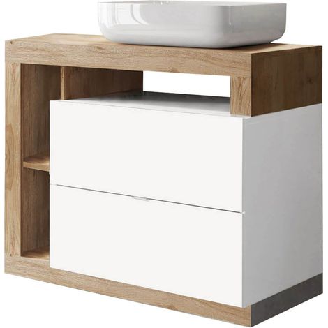 ARTURO - Meuble Vasque 92cm 2 tiroirs blanc laqué et aspect bois finition Cadiz