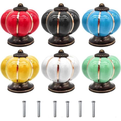 Bouton Céramique, 6 Pièces Bouton Céramique Coloré,Bouton Céramique Rétro, Bouton Forme Citrouille, avec Vis, pour Armoire de Cuisine, 6 Couleurs (1/4)