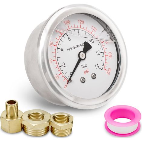 1pc 60mm pressure gauge BSP 1/4" 0-14 Bar 0200 PSI with 2pcs sleeve and 1pcs hex reducer, polytetrafluoroethylene strip, axial (1/5)