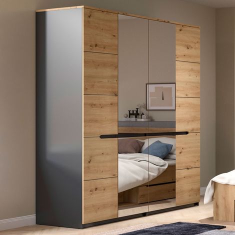 Armoire 4 portes 2 miroirs 180x59x198cm décor naturel - KANUT