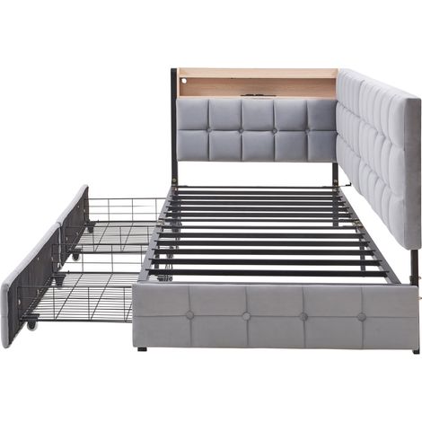 Letto imbottito 90 x 200 cm grigio con 2 cassetti, LED e porte USB Type-C (1/5)