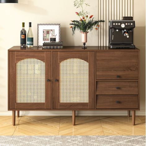 Credenza 130 x 75,5 x 40 cm con porte in rattan, ripiani regolabili DESVIAE (1/5)