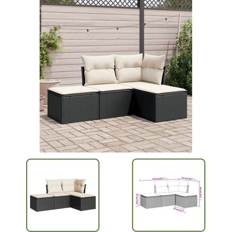 The Living Store Salon de jardin 4 pcs avec coussins noir résine tressée - Salon De Jardin - Mobilier De Jardin - Salon Extérieur - Ensemble De Canapés - Canapé D'angle (1/3)