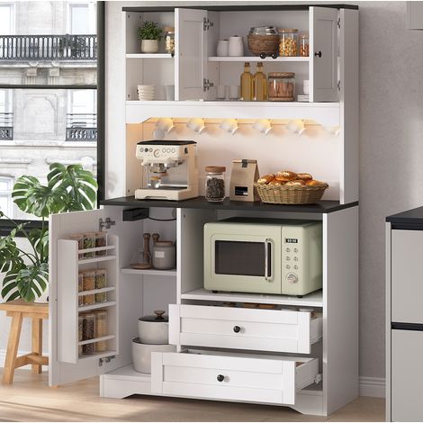 Mobile alto da cucina 100x40x163 cm in MDF bianco con LED, prese, USB e vano microonde (1/5)