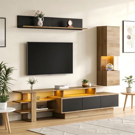 Meuble TV muraux 3 pièces 180 cm avec étagère murale, vitrine, éclairage LED et 3 tiroirs, naturel+noir, design contemporain (1/5)