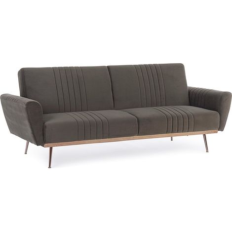 Schlafsofa "Johnny" 3-Sitzer aus taubengrauem Samt mit kupferfarbenen Füßen und Rahmen 210 cm (1/4)