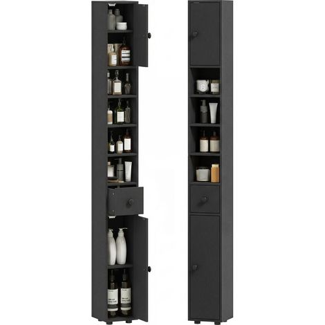 Meuble de salle de bain étroit 180 cm, étagère à papier toilette avec compartiments ouverts et 2 armoires, Noir (1/5)