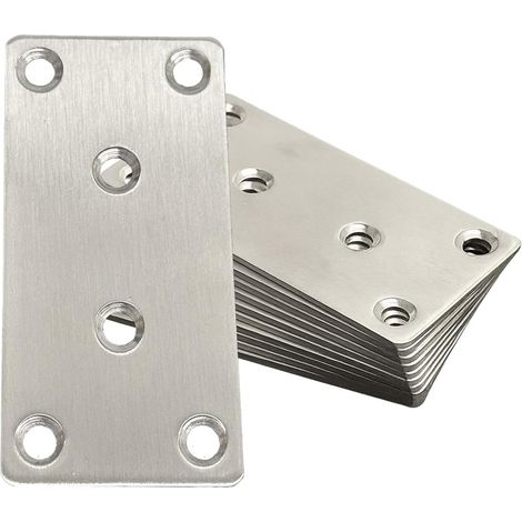 Jonction Plates– Plaque métallique perforée en acier inox argenté, Fixation Bois, Connecteur de Réparation, Renfort Meuble, Bricolage (1/5)