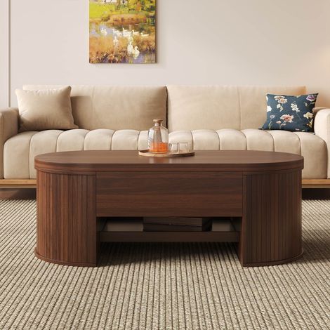Table basse relevable avec côtés en bois incurvés 110 x 55,5 x 40 cm Table de salon avec étagère coulissante Noyer naturel (1/5)