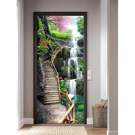 1 pièce Pont à chevalets de Cascade Autocollant Porte Affiche 3D pour Cuisine Chambre Salle de Bain Auto-adhésif Amovible Murale Décoration (1/4)