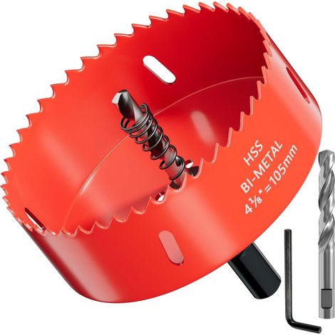 Scie cloche bi-métal 105 mm, couronne de forage, foret à trous, avec adaptateur de tige triangulaire et foret de centrage – Idéal pour boîte de mur creux, spot LED, prise dans les plaques de (1/5)