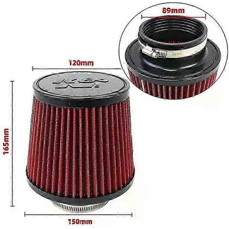 Filtre à air universel à haut débit pour voiture, tête de champignon, 102 mm, 89 mm, 76 mm, 3, 3,5, 4 pouces, conique, pour KN 14084-2 (court, rouge, 89 mm) (1/5)