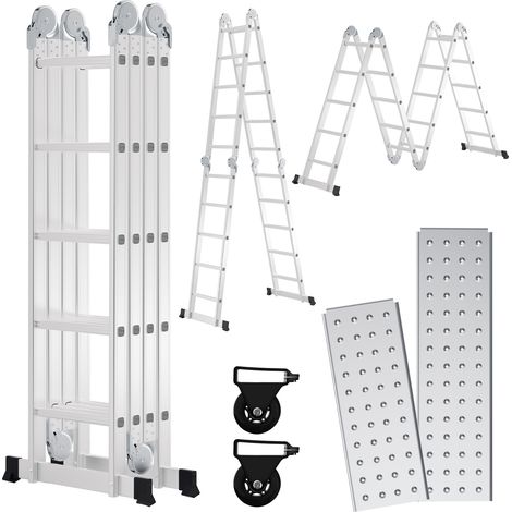 Randaco Escalera multifuncional 7 en 1 de aluminio, 4x5 peldaños, aprox. 582 cm / 5,8 m, plegable, 2 plataformas + 2 ruedas, carga máxima 150 kg (1/5)