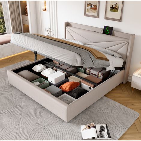 Lit coffre en coton et lin beige 160x200 cm avec tête de lit géométrique, ports USB et USB-C, sommier à lattes inclus (1/5)