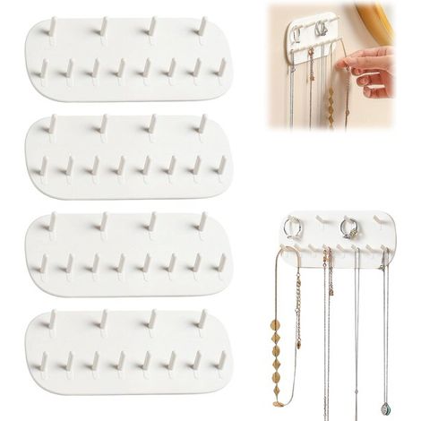 4-Piece Set - Storage Rack - Display Rack - Necklace Wall Hanger - Hooks - Includes Tape - No Drilling Required - Wall-Mounted - White - 1462 cm - Suitable for storing necklaces, rings, bracelets, cha (1/5)