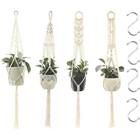 Macrame Plant Hangers, 4 Pieces Macrame Plant Holder Basket with 4 Hanging Hooks, Hand-Woven Macrame Plant Hangers for Indoor Garden Decor Ou MUMU (1/4)