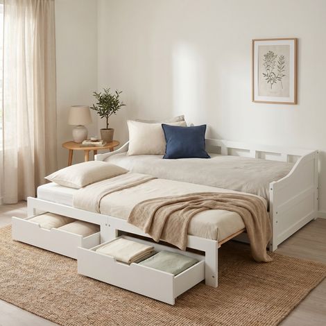 Canapé convertible, Banquette lit, Lit gigogne extensible 90/180x200 cm, avec 2 tiroirs, Canapé-lit en bois, Blanc (1/5)