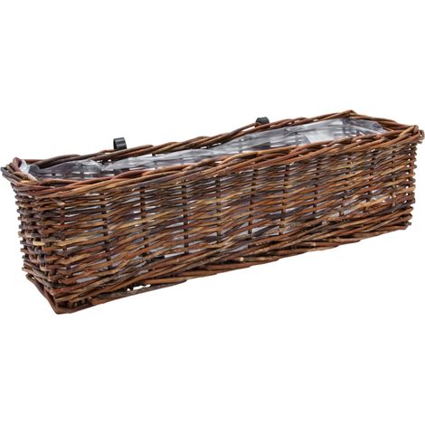 Rattan Balkonkasten eckig mit Folie natur dunkel - 60 x 19 cm - Rattan Blumenkasten mit Aufhängung für Geländer bis 3,5 cm