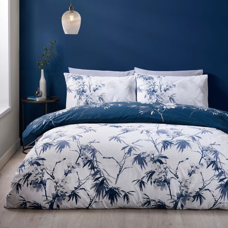 Parure de lit Simple réversible avec Housse de Couette et taie d'oreiller Motif Floral Bleu (1/4)