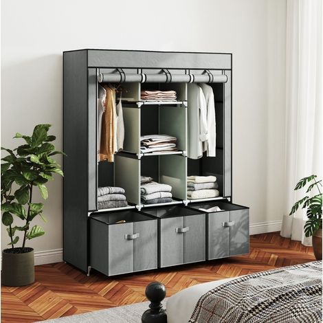Armario de tela 125x43x162.5 cm gris claro de acero con 2 barras, 3 cajones y funda con cremallera (1/5)