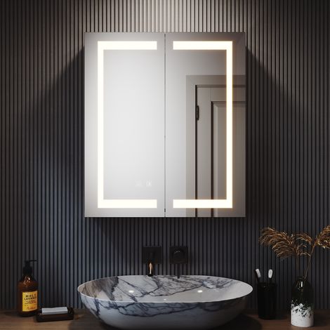 SONNI LED Spiegelschrank mit Beleuchtung Badspiegel 3 Lichtfarben Dimmbar, Touch Steckdose Beschlagfrei Edelstahl 60x70cm Kabelloses Scharnier Design (1/5)