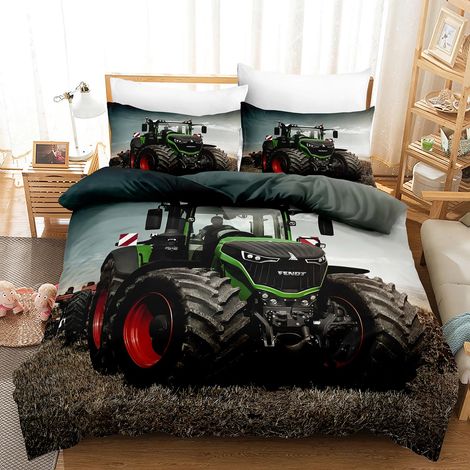 Parure de lit motif tracteur 140 × 200 cm + taie d'oreiller avec fermeture éclair 70 × 90 cm, impression 3D des deux côtés, en microfibre, housse de couette respirante (1/5)