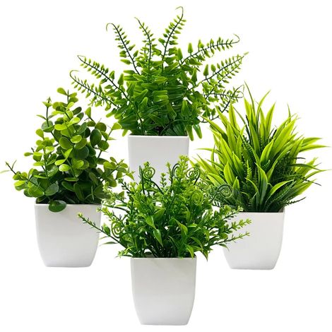 Lot de 4 mini plantes artificielles en pot, petites plantes artificielles avec pots pour la décoration de la maison, du bureau, d'une étagère ou de la salle de bain, style champêtre (1/5)