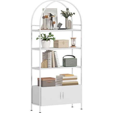 Weißes Aufbewahrungsregal 80x30x187 cm, gewölbtes 4-stöckiges Bücherregal mit Doppeltürschrank, Wohnzimmer- oder Büromöbel, großer Stauraum.