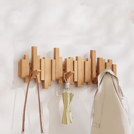Filiyano-Porte-manteau mural en bois avec 6 crochets rabattables, 40 cm, pour couloir, salle de bain et bureau à domicile (1/4)