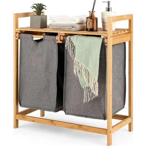 Panier à linge naturel en bambou à 2 compartiments avec sacs coulissants amovibles et étagère pour chambre (1/5)