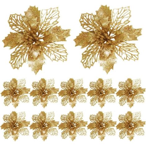 12 Pièces Glitter Fleurs de Poinsettia de Noël d’Ornement, Noël Glitter Décoration Sapin Ornement pour La Fête de Mariage (Or) (1/4)