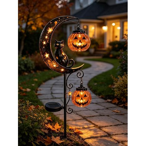 Décoration Jardin Halloween – Chat Noir et Citrouille Lune,Lampe au sol,C,Convient aux fêtes d'Halloween. (1/5)