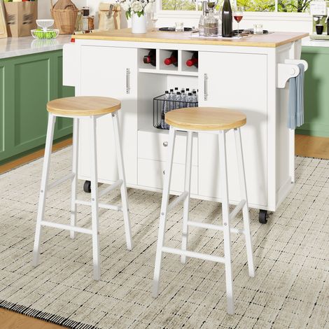Desserte de cuisine avec 2 tabourets de bar, plateau rabattable avec porte-serviettes, porte-épices, casier à bouteilles et étagères réglables, idéale pour salle à manger, salon, balcon ou comptoir. C (1/5)