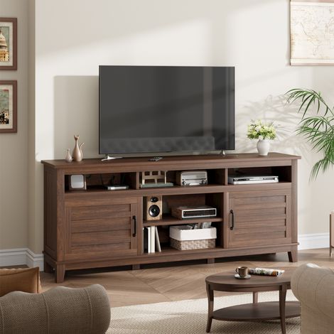 Meuble TV style farmhouse 180 cm (70,9") - Pour TV jusqu’à 75" - MDF, étagères réglables, portes de placard, rangement & passe-câbles - Couleur : Marron