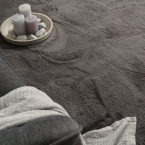 Wohnzimmer Hochflor Teppich Langflor Soft Kaninchenfell Fell Imitat Weich 200 cm x 200 cm x 39 mm Anthrazit Rund (1/3)