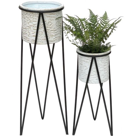 DanDiBo Blumenhocker mit Topf Metall Schwarz Weiß 2er Set Blumenständer 96043 Blumensäule Modern Pflanzenständer Pflanzenhocker (1/5)