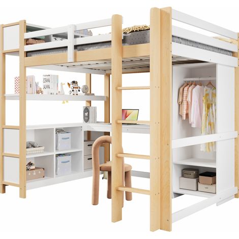 Lit mezzanine 140x200 cm avec bureau, étagères, rangements et armoire, sans matelas, pour chambre d’enfant, blanc et bois clair CHICFURN (1/5)
