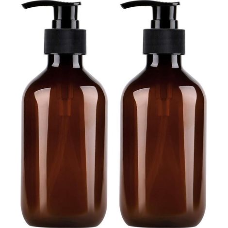 Lot de 2 distributeurs de savon en plastique - Flacon pompe vide de 300 ml - Usage universel pour cosmétiques, cuisine et salle de bain - Marron (1/5)