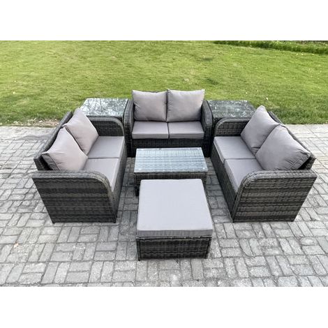 Fimous Ensemble de meubles de jardin en polyrotin 7 places avec Table basse rectangulaire Canapé d'amour 2 Tables d'appoint Grand tabouret Gris foncé mixte (1/5)