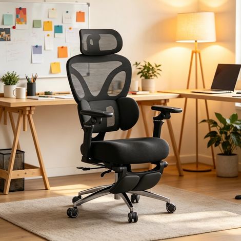 Silla de oficina ergonómica negra de malla con reposapiés extensible para teletrabajo - CHICFURN (1/5)