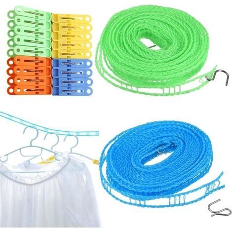Kit de Corde à Linge extérieure antidérapante,10m de Corde a Linge imperméable et Coupe-Vent avec 18 Pinces en Plastique colorées (1/4)