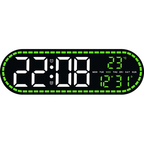 Horloge murale LED ovale avec calendrier et alarme, idéale pour le salon, la chambre ou le bureau (réf. GH9009, boîtier noir, éclairage vert). (1/5)