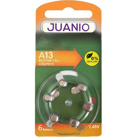 Lot de 6 Piles bouton Zinc Air Type 13 1,45V type A13/13 compatibles PR48 pour appareils auditifs - Juanio - (1/2)