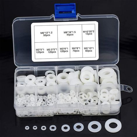 600 Pièces Blanc Nylon Rondelles Plastique, Isolation Rond Rondelle plate Assortiment Kit, M2 M2.5 M3 M4 M5 M6 M8 M10 Rondelle pour Mécanique (1/5)