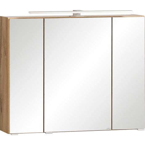 Spiegelschrank 80cm mit LED Aufsatzleuchte VASTO-03-WHITE in Wotan Eiche Nb. mit weiß matt, B/H/T ca. 80/64/20 cm (1/5)