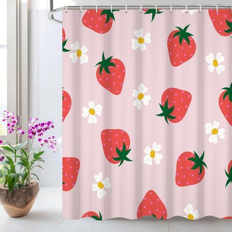 Bezaubernder Duschvorhang fürs Badezimmer, niedliches rosa Erdbeer- und Fruchtmuster, Erdbeer- und Blumendesign, 180 x 180 cm (1/5)