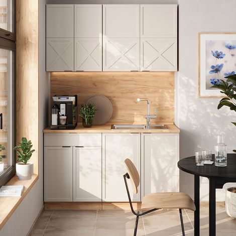 Cocina para solteros Fame-Line, Gris/beige/roble dorado, 140 cm , ET Antracita, Vicco