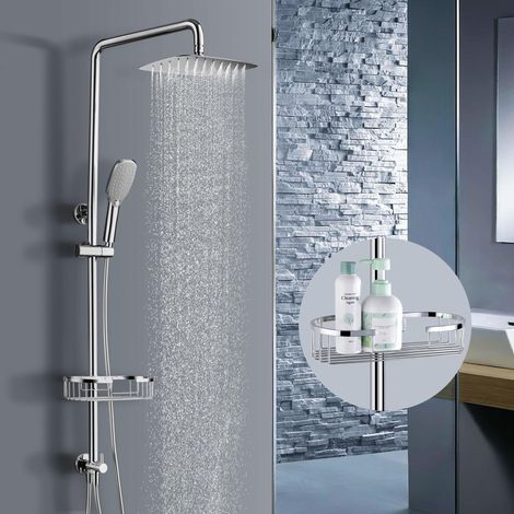Ensemble de douche XXL carré avec pommeau de douche et tuyau avec barre de douche en acier inoxydable 304, douchette à main et support de douche, bras pivotant extensible (1/5)