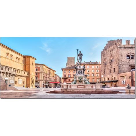 Lupia - Quadro moderno su Tela Canvas DEEP 65X143 cm, con paesaggi e localismi italiani, per casa, soggiorno, capezzale camera da letto, hotel, ufficio, BOLOGNA - PIAZZA NETTUNO GIORNO (1/4)